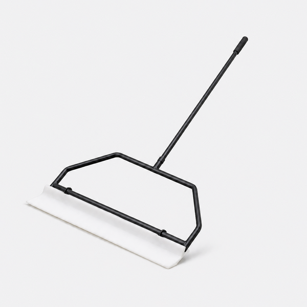 A black metal squeegee with a white rubber blade, shown on a clean, light gray background.