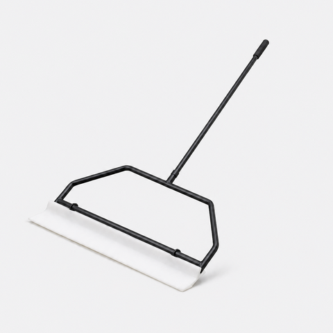 A black metal squeegee with a white rubber blade, shown on a clean, light gray background.