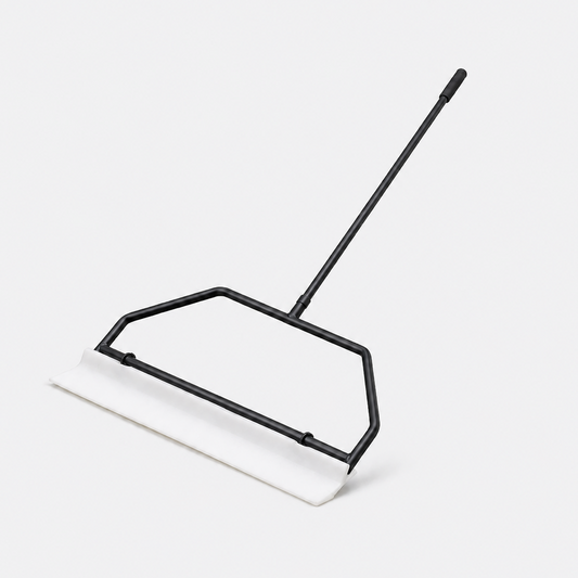 A black metal squeegee with a white rubber blade, shown on a clean, light gray background.