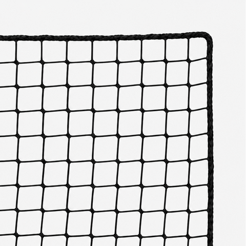 A square black mesh safety net with a thick braided border, shown flat against a light gray background.