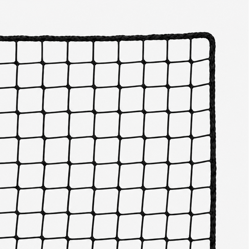 A square black mesh safety net with a thick braided border, shown flat against a light gray background.