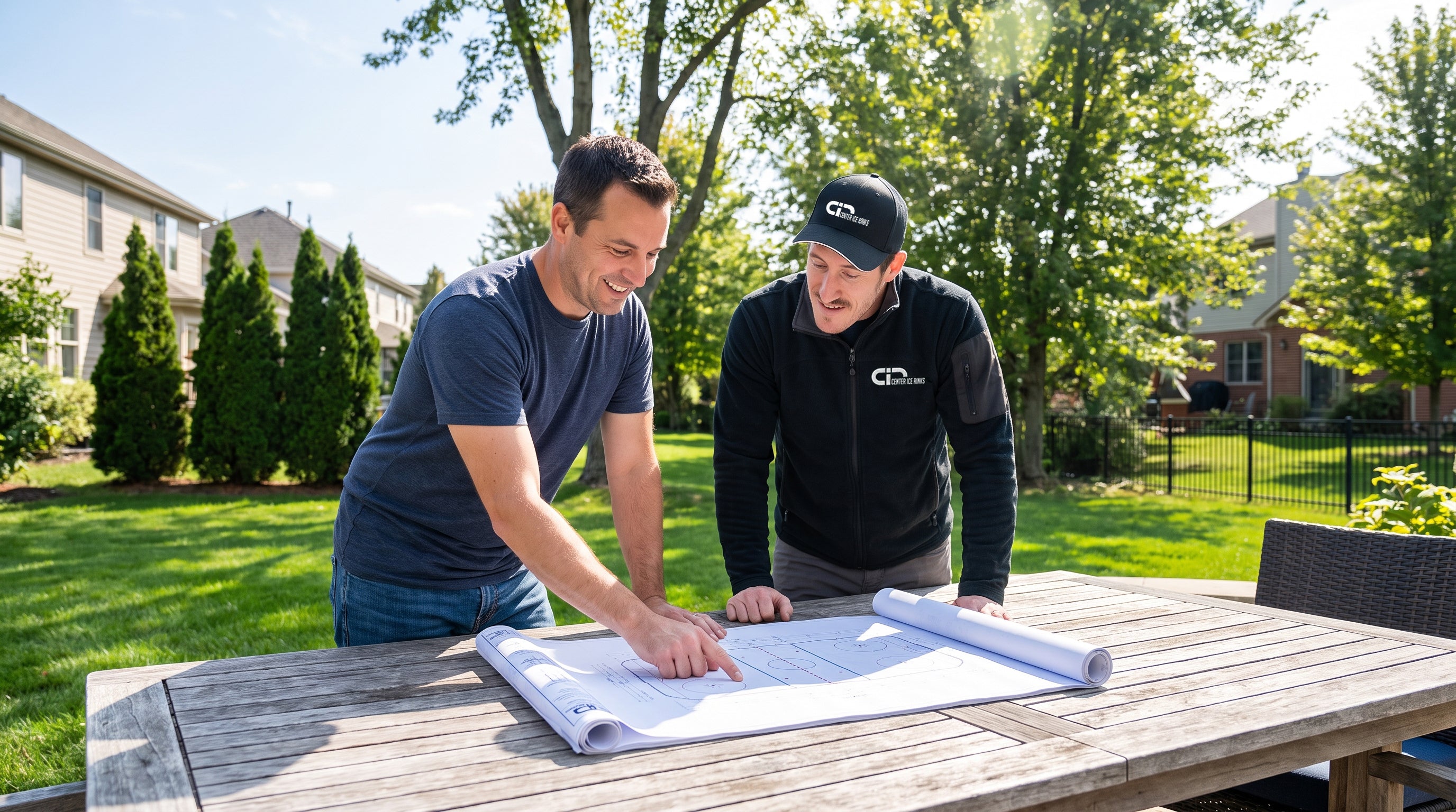 Client reviewing rink plans